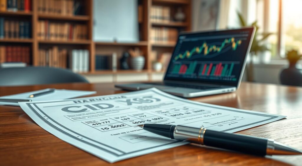 A close-up view of a certificação de depósito interbancário (CDI) document, prominently displaying intricate financial graphs and data tables, symbolizing investment and banking. The foreground features a polished wooden desk with a stylish pen resting beside the document, suggesting professionalism. In the middle ground, an open laptop displays fluctuating market trends, indicating real-time financial analysis. The background softly blurs out, hinting at an elegant office setting with shelves lined with financial books and a window letting in warm, natural light, creating a positive atmosphere. The composition should evoke a sense of trust and importance in financial decision-making, with a focus on clarity and professionalism.