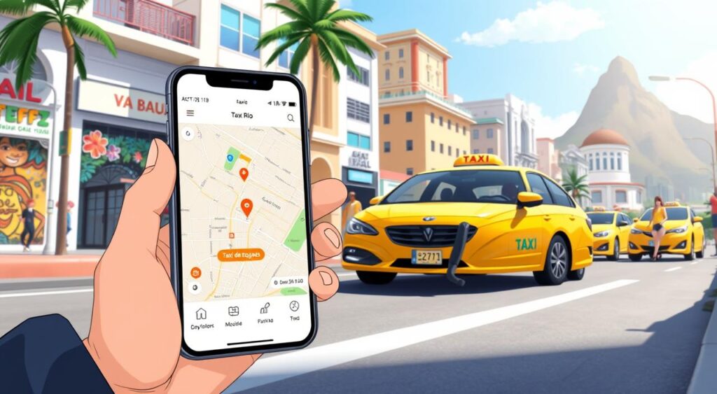 A digital illustration showcasing the "Taxi Rio App" in operation. In the foreground, a smartphone displaying the app interface, prominently featuring a map of Rio de Janeiro with an active taxi request highlighted. A user, dressed in professional business attire, is engaging with the app, looking focused and satisfied. In the middle ground, a modern yellow taxi, recognizable as a typical Rio taxi, is parked with the driver visible, waiting for the user. The background displays a vibrant street scene in Rio de Janeiro, featuring iconic landmarks like Sugarloaf Mountain and lively street art, all under a clear blue sky. The lighting is bright and cheerful, conveying a mood of convenience and efficiency in urban transportation. Use a wide-angle lens effect to capture the bustling atmosphere.