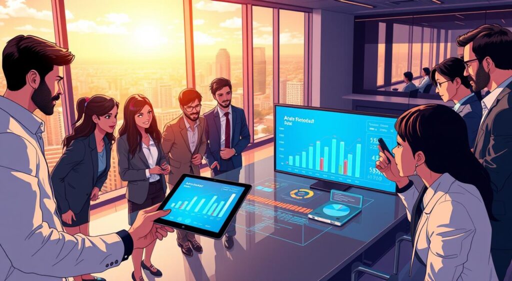 A dynamic and engaging depiction of the Brazilian AI market, featuring a modern office environment filled with professionals in business attire. In the foreground, a diverse group of businesspeople discussing data insights on a digital tablet, their expressions reflecting enthusiasm and collaboration. The middle ground showcases a sleek conference table with graphs and charts projected on a large screen, representing growth and innovation in AI technologies. In the background, large windows reveal a vibrant cityscape of São Paulo, bathed in warm, natural light that creates an inviting and optimistic atmosphere. The camera angle is slightly elevated, providing a comprehensive view of the scene while emphasizing its dynamic energy and forward-thinking nature. The overall mood is professional, inspiring, and focused on technology and collaboration.