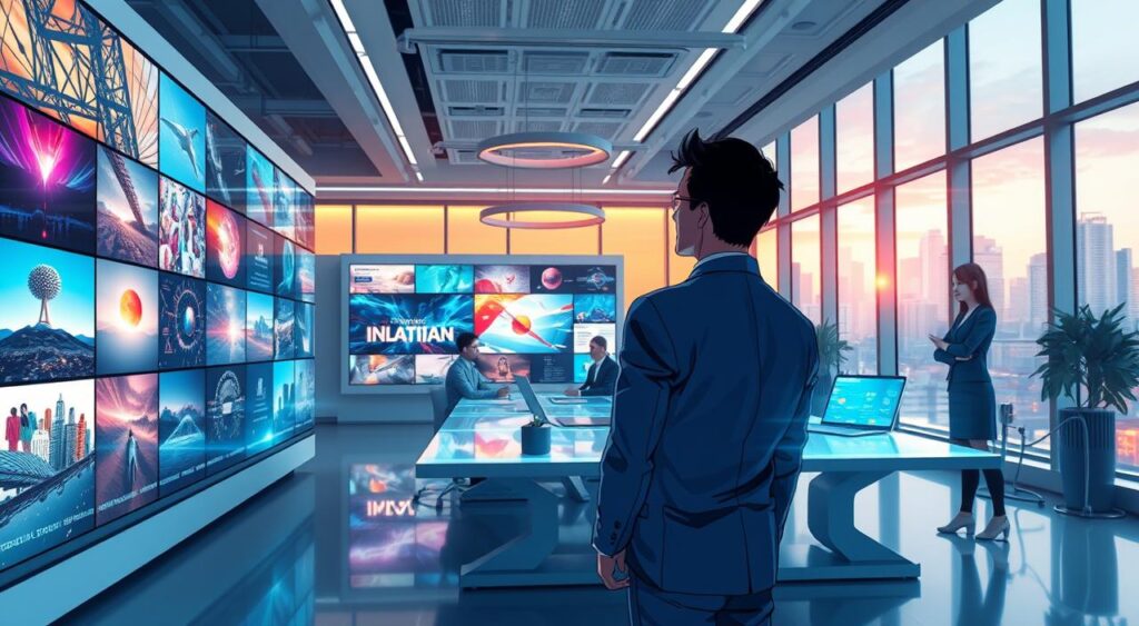 A dynamic overview of generative AI imagery, showcasing a sleek, futuristic digital workspace in the foreground with a professional in business attire interacting with multiple large screens displaying diverse AI-generated images and vibrant visuals. In the middle ground, include a creative team collaborating around a high-tech table, analyzing ideas and concepts while a soft, ambient glow from overhead lighting enhances the atmosphere. The background features a modern office with large windows allowing natural light to pour in, reflecting an urban skyline. Capture a sense of innovation and creativity within the scene, using a wide-angle lens to convey openness and clarity, ensuring the overall mood is inspiring and technologically advanced, perfect for highlighting the capabilities and potential of free generative AI. A dynamic overview of generative AI imagery, showcasing a sleek, futuristic digital workspace in the foreground with a professional in business attire interacting with multiple large screens displaying diverse AI-generated images and vibrant visuals. In the middle ground, include a creative team collaborating around a high-tech table, analyzing ideas and concepts while a soft, ambient glow from overhead lighting enhances the atmosphere. The background features a modern office with large windows allowing natural light to pour in, reflecting an urban skyline. Capture a sense of innovation and creativity within the scene, using a wide-angle lens to convey openness and clarity, ensuring the overall mood is inspiring and technologically advanced, perfect for highlighting the capabilities and potential of free generative AI.