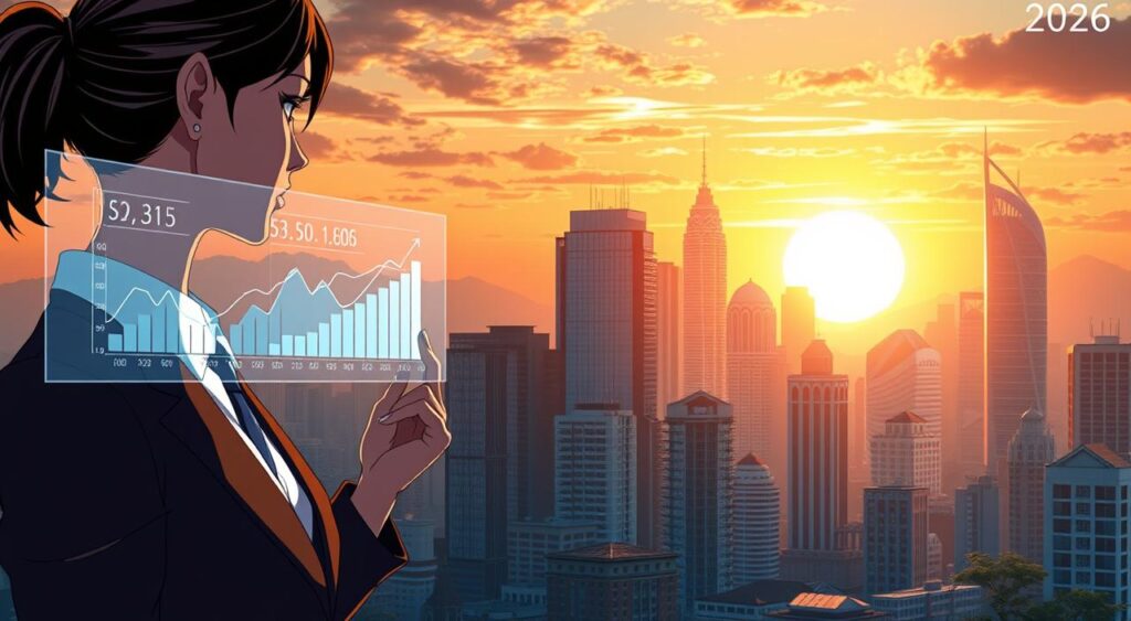 A futuristic financial landscape depicting the concept of the Selic rate and fixed income investments in 2026. In the foreground, a professional-looking businesswoman in formal attire analyzes digital graphs and charts on a holographic screen displaying upward trends in fixed income returns. The middle ground features an array of diverse, modern buildings representing a vibrant economy. In the background, a dramatic sunset casts warm, golden light over the scene, symbolizing hope and prosperity. Use a wide-angle lens to capture depth, with warm ambient lighting that creates an inviting yet serious atmosphere. Emphasize a sense of opportunity and growth within the evolving economic landscape of 2026.