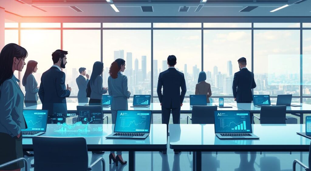 A futuristic office environment illustrating the integration of artificial intelligence in Brazilian accounting. In the foreground, a diverse group of professionals in business attire, focused on interactive holographic displays showing data analytics and financial charts. The middle ground features sleek, modern desks with laptops and digital devices displaying AI algorithms and graphs. The background reveals large windows with a view of a city skyline, symbolizing progress and innovation. The scene is illuminated by soft, ambient lighting, creating a motivating and professional atmosphere. The overall mood is collaborative and forward-thinking, emphasizing the transformative role of technology in the accounting sector.