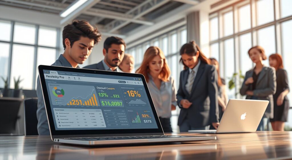 A futuristic workspace scene showcasing the "Perplexity Pro" AI platform. In the foreground, a sleek laptop display with a high-resolution interface, featuring data analytics and insights related to discount coupons. The middle-ground includes a diverse group of professionals, dressed in smart business attire, engaged in a collaborative discussion over the laptop, with focused expressions. The background consists of a modern office environment with large windows allowing natural light to flood in, casting soft shadows. Use a wide-angle lens effect to capture the dynamic atmosphere of innovation and teamwork. The overall mood is optimistic and cutting-edge, reflecting the theme of unlocking exclusive savings through technology. Emphasize clarity and professionalism throughout the scene.