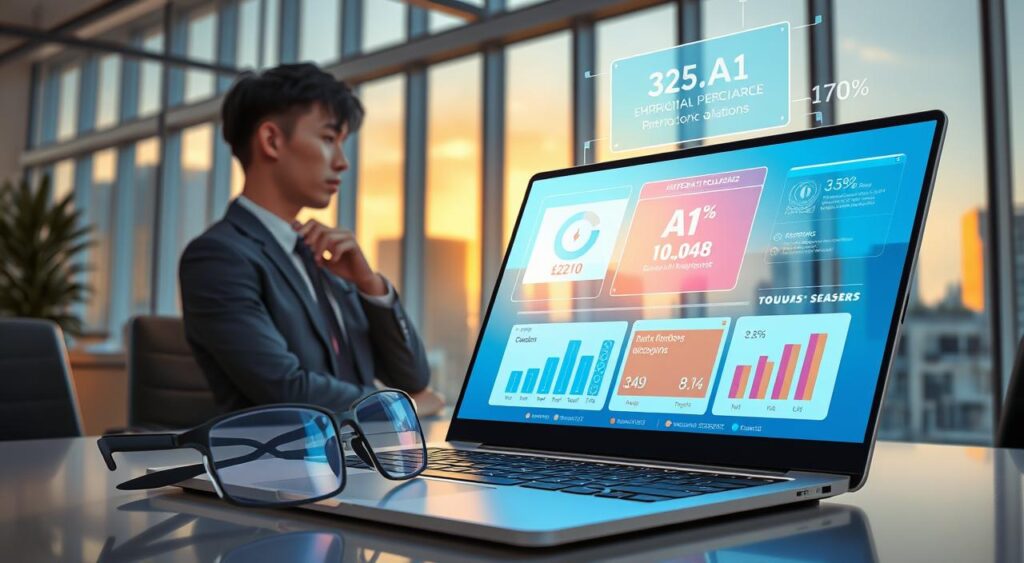 A futuristic workspace that showcases artificial intelligence tools. In the foreground, a sleek, high-tech laptop displays a colorful screen featuring graphs and data analysis related to discount coupons. A pair of modern augmented reality glasses rests beside it. In the middle ground, a professional individual dressed in smart business attire is thoughtfully engaging with a holographic interface that projects promotional offers and AI algorithms. The background features a sleek office environment with large windows overlooking a cityscape, bathed in warm afternoon light that creates a productive atmosphere. The scene should convey a sense of innovation and professionalism, reflecting the intricate relationship between AI and modern business solutions. Use a cinematic angle to enhance depth, ensuring the focus is sharp on the laptop and individual while softly blurring the background elements.