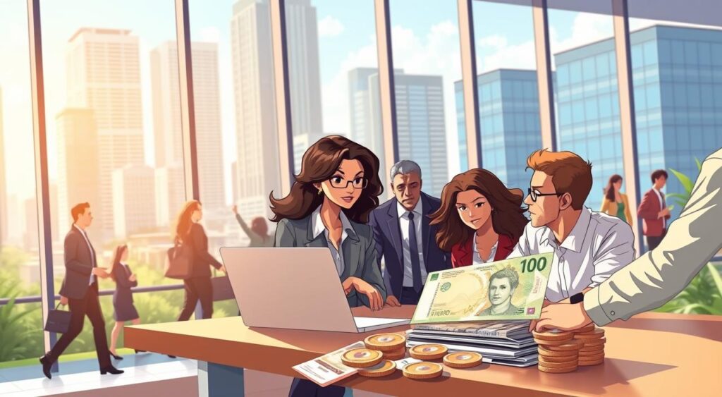 A modern Brazilian financial landscape scene, showcasing a busy urban environment with sleek office buildings in the background, symbolizing economic activity. In the foreground, a diverse group of professionally dressed businesspeople, including a Black woman in a tailored suit and a Hispanic man in a crisp shirt, are engaged in a productive discussion with financial charts and a laptop open on a table. The middle ground features a mix of traditional and digital currency elements, like a Brazilian real note and mobile payment icons, illustrating the evolving financial ecosystem. The lighting is bright and optimistic, evoking a sense of opportunity, with a focus on natural daylight filtering through large windows. The atmosphere is dynamic and forward-looking, reflecting the current financial climate in Brazil. A modern Brazilian financial landscape scene, showcasing a busy urban environment with sleek office buildings in the background, symbolizing economic activity. In the foreground, a diverse group of professionally dressed businesspeople, including a Black woman in a tailored suit and a Hispanic man in a crisp shirt, are engaged in a productive discussion with financial charts and a laptop open on a table. The middle ground features a mix of traditional and digital currency elements, like a Brazilian real note and mobile payment icons, illustrating the evolving financial ecosystem. The lighting is bright and optimistic, evoking a sense of opportunity, with a focus on natural daylight filtering through large windows. The atmosphere is dynamic and forward-looking, reflecting the current financial climate in Brazil.