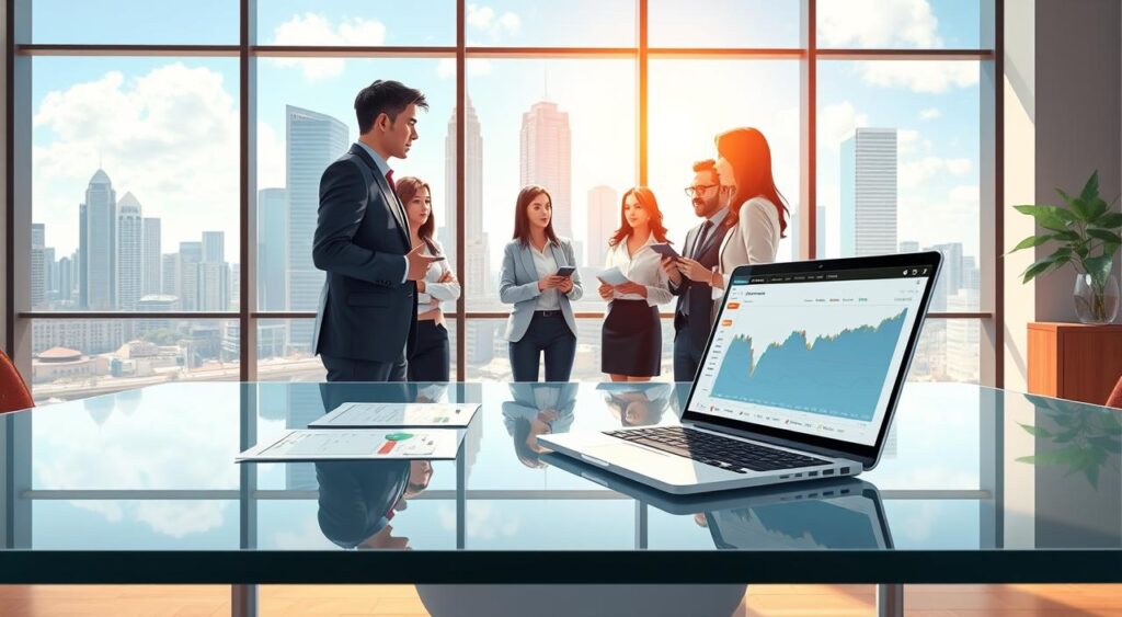 A modern Brazilian real estate investment trust (REIT) office environment, showcasing a bustling Mercado de Fundos Imobiliários. In the foreground, a sleek glass table with financial documents and a laptop open to a stock market dashboard displaying MXRF11 data. In the middle, diverse professionals in business attire discussing investment strategies, highlighting collaboration and expertise. The background features large glass windows revealing a view of iconic Brazilian skyscrapers under a clear blue sky, symbolizing the thriving real estate market. Soft, natural lighting illuminates the scene, creating a vibrant yet professional atmosphere. Focus on a dynamic and optimistic mood, capturing the essence of contemporary real estate investment in Brazil.
