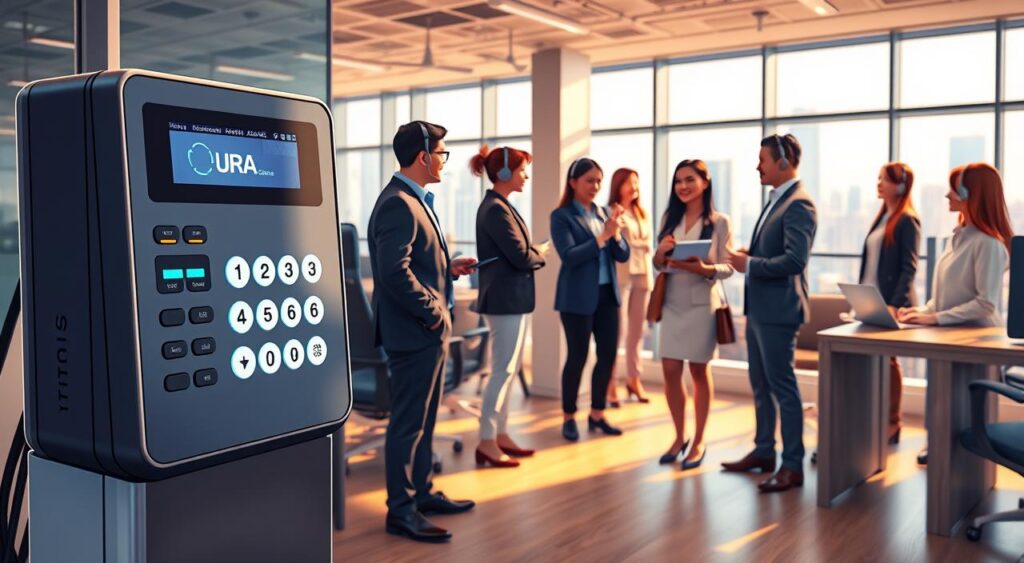 A modern call center environment showcasing a "unidade resposta audível" (URA). In the foreground, a sleek, high-tech voice response unit with illuminated buttons and a digital display, symbolizing automated customer service. In the middle, a group of diverse professionals in business attire, engaged in conversation about the URA technology, with headsets on, indicating active customer support. The background features an open-plan office with soft lighting, large windows revealing a cityscape, creating an energetic yet comfortable atmosphere. Use a wide-angle lens to capture the collaborative spirit, with warm lighting to enhance the focus on teamwork and innovation, while maintaining a sense of professionalism and efficiency.