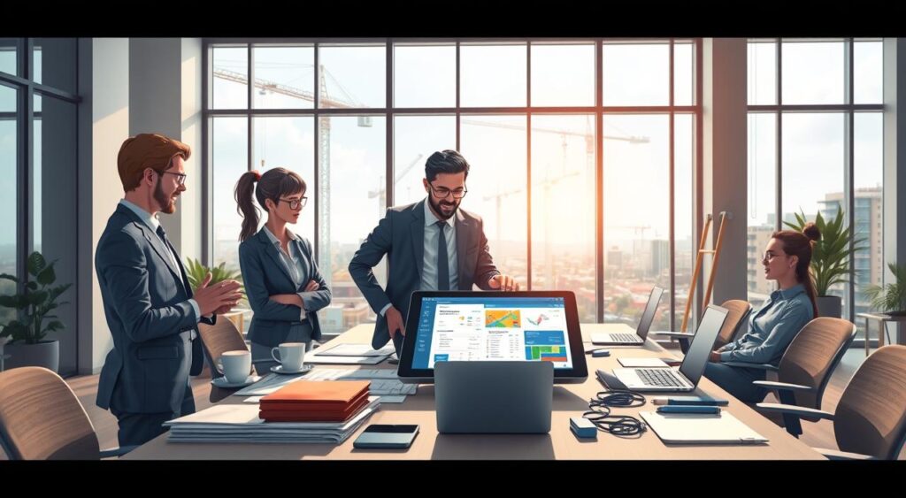 A modern construction office interior showcasing the integration of ERP (Enterprise Resource Planning) in civil engineering. In the foreground, a diverse group of three professionals, dressed in smart business attire, engage in animated discussion around a digital tablet displaying a construction project management interface. The middle ground features a large table cluttered with blueprints, laptops, and construction materials, symbolizing teamwork and planning. In the background, a large window reveals a bustling construction site, with cranes and workers, emphasizing the connection between ERP systems and real-world construction management. Soft, natural lighting filters through the window, creating a bright and optimistic atmosphere, with a slight lens flare effect to enhance the professional and innovative feel of the scene.