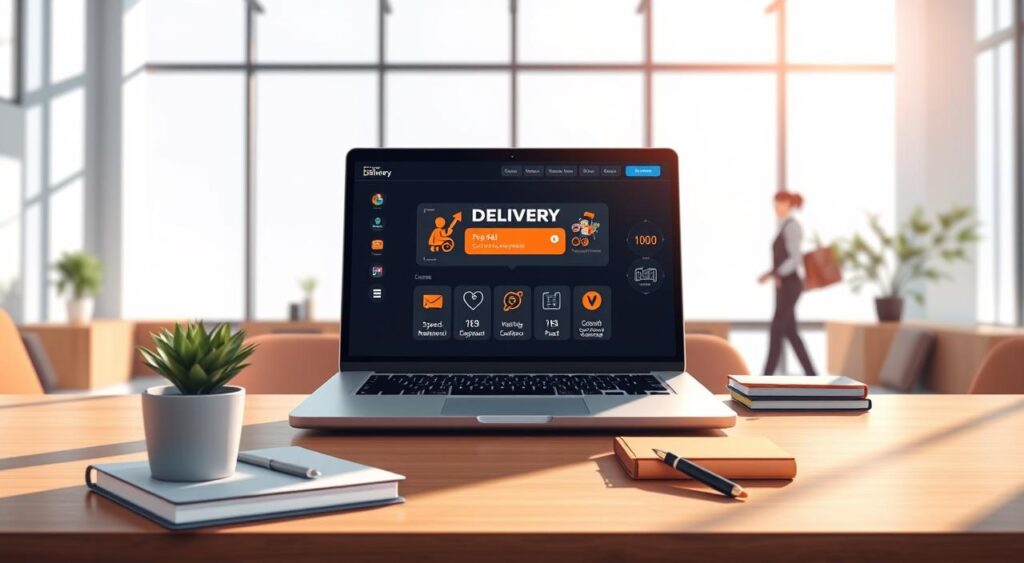 A modern delivery platform interface displayed on a sleek laptop screen, set on a stylish desk with a potted plant and notebooks in the foreground. In the middle, create visual elements representing delivery benefits, such as icons for speed, reliability, and customer satisfaction, arranged around the laptop. The background features a bright, airy office environment with large windows allowing natural light to flood in, casting soft shadows. The mood is professional yet inviting, suggesting opportunity and growth. Use a wide-angle lens to capture the depth of the space, emphasizing a contemporary design aesthetic suitable for a tech-savvy audience. Ensure any human figures present are dressed in professional business attire, actively engaged with the technology.