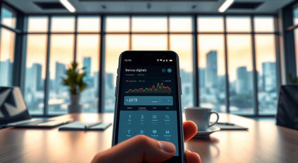 A modern, digital banking environment showcasing the concept of "bancos digitais." In the foreground, a sleek smartphone displays a user-friendly banking app interface, with vibrant graphs and intuitive navigation. The middle ground features a stylish office setting, with a minimalist desk adorned with a laptop, notepad, and a coffee cup, emphasizing productivity. In the background, large windows reveal a city skyline, bathed in soft, warm lighting that adds a welcoming atmosphere. The composition should have a clear depth of field, highlighting the smartphone while softly blurring the background to draw attention to the digital banking experience. The mood is professional and innovative, reflecting the cutting-edge nature of digital accounts. The image is clean and modern, with no text overlays or distractions.
