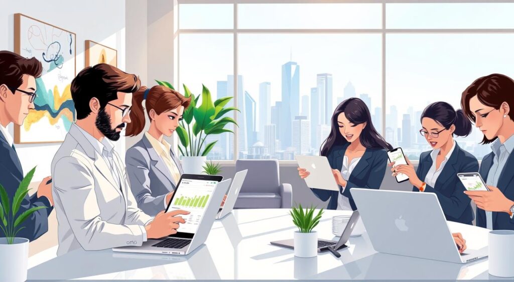 A modern, digital banking scene representing the concept of a digital account in Brazil. In the foreground, a diverse group of professionals in business attire are engaged with various devices, like laptops and smartphones, showcasing digital banking interfaces filled with graphs and account details. The middle ground features a sleek, modern office space with abstract artwork and potted plants, creating a welcoming atmosphere. In the background, a city skyline under bright daylight, symbolizing technological advancement and growth in the digital banking sector. The lighting is bright and inviting, with a focus on soft shadows to enhance depth. The mood is optimistic, reflecting innovation and professionalism in the digital banking landscape. A modern, digital banking scene representing the concept of a digital account in Brazil. In the foreground, a diverse group of professionals in business attire are engaged with various devices, like laptops and smartphones, showcasing digital banking interfaces filled with graphs and account details. The middle ground features a sleek, modern office space with abstract artwork and potted plants, creating a welcoming atmosphere. In the background, a city skyline under bright daylight, symbolizing technological advancement and growth in the digital banking sector. The lighting is bright and inviting, with a focus on soft shadows to enhance depth. The mood is optimistic, reflecting innovation and professionalism in the digital banking landscape.