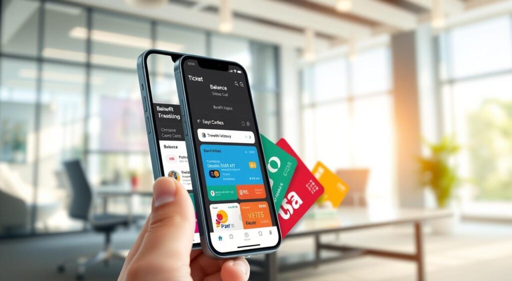 A modern digital platform showcasing various benefit cards in an engaging way. The foreground features a sleek smartphone displaying the Ticket app interface, highlighting balance, transaction history, and discount offers. The middle layer includes a series of colorful benefit cards arranged attractively, some partially overlapping to create depth. The background consists of a soft-focus office environment with polished furniture and soft natural lighting filtering through large windows, conveying a professional yet inviting atmosphere. The scene is captured from a slightly elevated angle to emphasize the smartphone, with parallax effects for a dynamic composition. The overall mood is optimistic and tech-savvy, reflecting ease of use and accessibility.