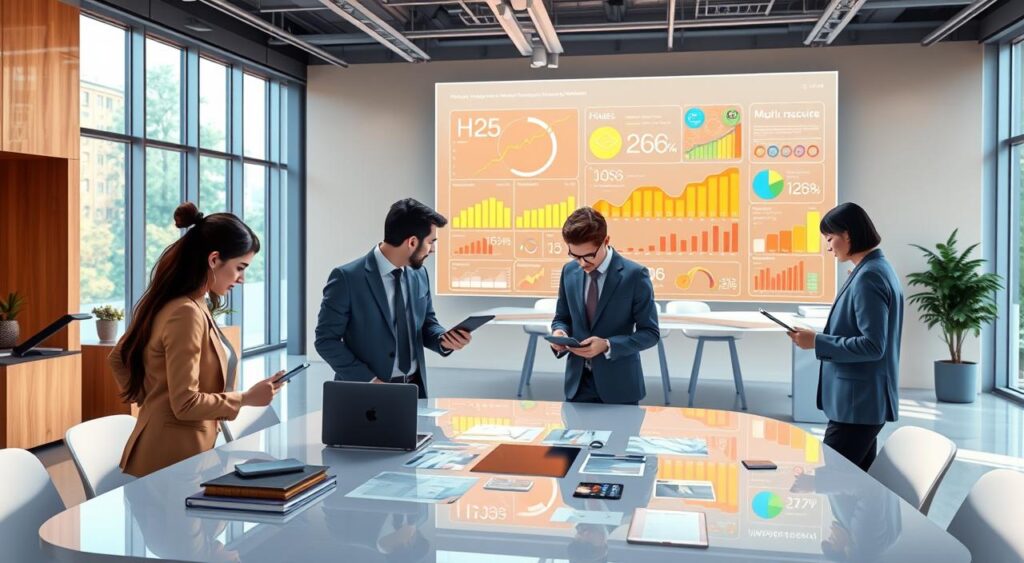 A modern office environment depicting a Human Resources Integrated Management System. In the foreground, a diverse team of professionals in business attire collaborates around a sleek conference table, analyzing data on tablets and laptops. The middle ground showcases a large digital display screen with vibrant, colorful graphs and charts illustrating HR metrics and performance indicators. The background presents a stylish open office space with large windows allowing natural light to flood in, creating a lively atmosphere. Use a high-angle lens to capture the dynamic team interaction, and ensure the lighting is bright and inviting. The mood should be forward-thinking and collaborative, reflecting the progressive nature of HR systems in Brazil for 2026.