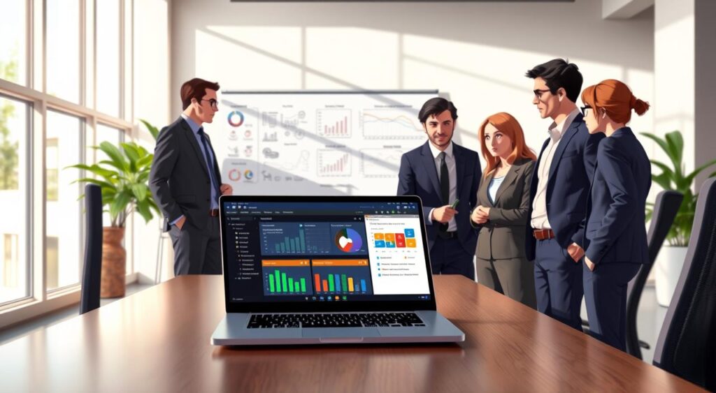 A modern office environment showcasing a sleek computer desk with a laptop open to a vibrant interface of the Bling ERP system. In the foreground, a diverse group of three professionals—two men and one woman—are engaged in discussion, dressed in professional business attire, examining the data displayed on the screen. The middle ground features a whiteboard filled with strategic plans and graphs, reflecting a collaborative atmosphere. In the background, large windows allow natural light to flood the room, casting soft shadows and creating a warm, welcoming vibe. The overall mood is focused yet innovative, emphasizing efficiency and teamwork in a vibrant workspace. Capture this scene with a slight depth of field to highlight the subjects and system interface while softly blurring the background.