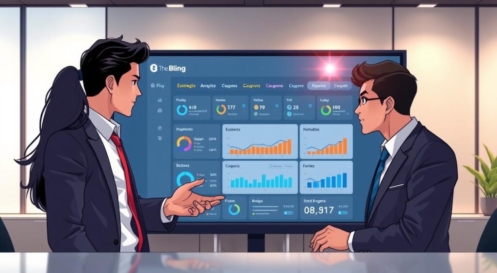 A modern office setting showcasing a business management platform interface on a large screen. In the foreground, a diverse group of three professionals—two men and one woman—are discussing strategies, all dressed in smart business attire. The middle ground features a sleek digital dashboard displaying analytics and metrics relevant to e-commerce and coupon management, emphasizing the Bling platform's functionalities. The background features minimalist office decor, with soft lighting casting a warm, professional atmosphere. A subtle lens flare highlights the screen, drawing attention to the digital elements. The overall mood is collaborative and progressive, reflecting an innovative business environment focused on efficiency and technology.