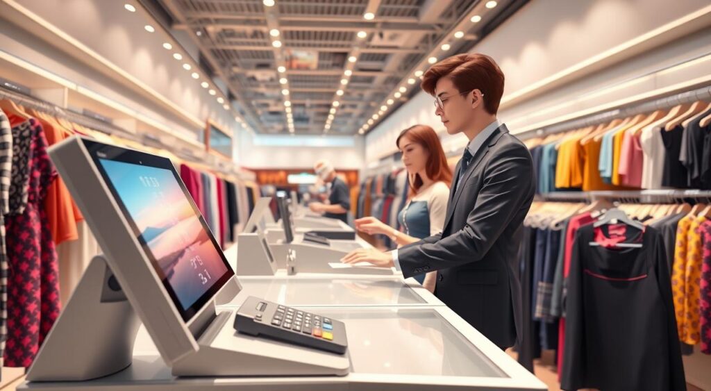 A modern retail front checkout system in a vibrant clothing store setting. In the foreground, a sleek point-of-sale terminal with a touchscreen interface and card reader, surrounded by neatly arranged clothing items on display racks. The middle ground features an attentive cashier, dressed in professional business attire, assisting a customer with a purchase. Bright overhead lighting illuminates the space, casting soft shadows and highlighting the colorful merchandise. The background shows rows of stylish clothing and accessories, creating a lively shopping atmosphere. The mood is welcoming and efficient, emphasizing a seamless shopping experience. The angle of the image captures both the checkout area and the enticing merchandise, showcasing the integration of technology in the retail environment.