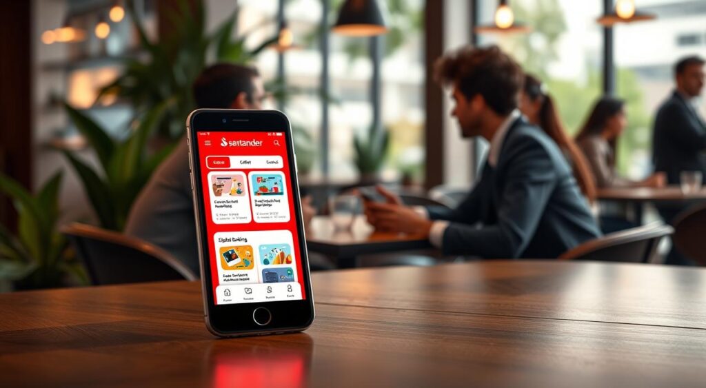 A modern smartphone displaying the Santander digital banking application interface sits prominently in the foreground. The screen showcases vibrant graphics of digital banking options, emphasizing user-friendly navigation. In the middle ground, a diverse group of young professionals, dressed in smart casual attire, are engaged in a discussion about the benefits of digital banking in Brazil. They are seated around a sleek table in a cozy coffee shop, surrounded by greenery and soft ambient lighting, creating a welcoming atmosphere. The background highlights blurred silhouettes of other patrons, emphasizing the lively, contemporary vibe of digital finance. The overall mood is optimistic and innovative, reflecting the evolution of banking technology.