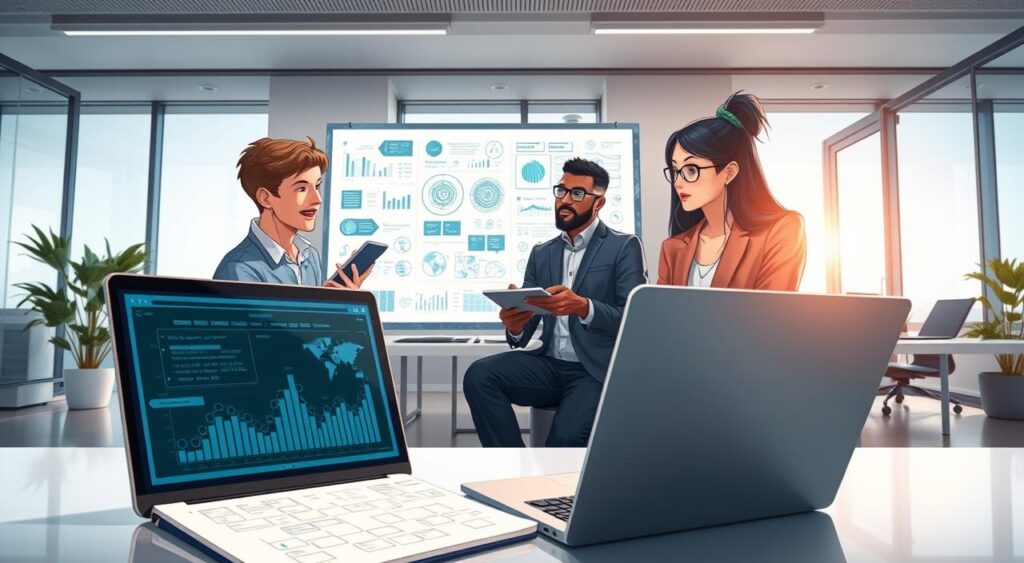 A modern workspace featuring a diverse group of three professionals collaborating on artificial intelligence tools for business success. In the foreground, a laptop open with data analytics being analyzed, alongside a notepad filled with brainstormed ideas. The middle ground contains a large interactive screen displaying AI models and charts, surrounded by digital devices like tablets and smartphones. A whiteboard filled with AI-related diagrams sits nearby. The background shows a sleek office environment with large windows allowing natural light to flood the space. The ambiance is focused and energetic, conveying a sense of innovation and teamwork. Use soft, bright lighting to highlight the high-tech atmosphere, and ensure the individuals are in professional business attire, engaged and attentive. A modern workspace featuring a diverse group of three professionals collaborating on artificial intelligence tools for business success. In the foreground, a laptop open with data analytics being analyzed, alongside a notepad filled with brainstormed ideas. The middle ground contains a large interactive screen displaying AI models and charts, surrounded by digital devices like tablets and smartphones. A whiteboard filled with AI-related diagrams sits nearby. The background shows a sleek office environment with large windows allowing natural light to flood the space. The ambiance is focused and energetic, conveying a sense of innovation and teamwork. Use soft, bright lighting to highlight the high-tech atmosphere, and ensure the individuals are in professional business attire, engaged and attentive.