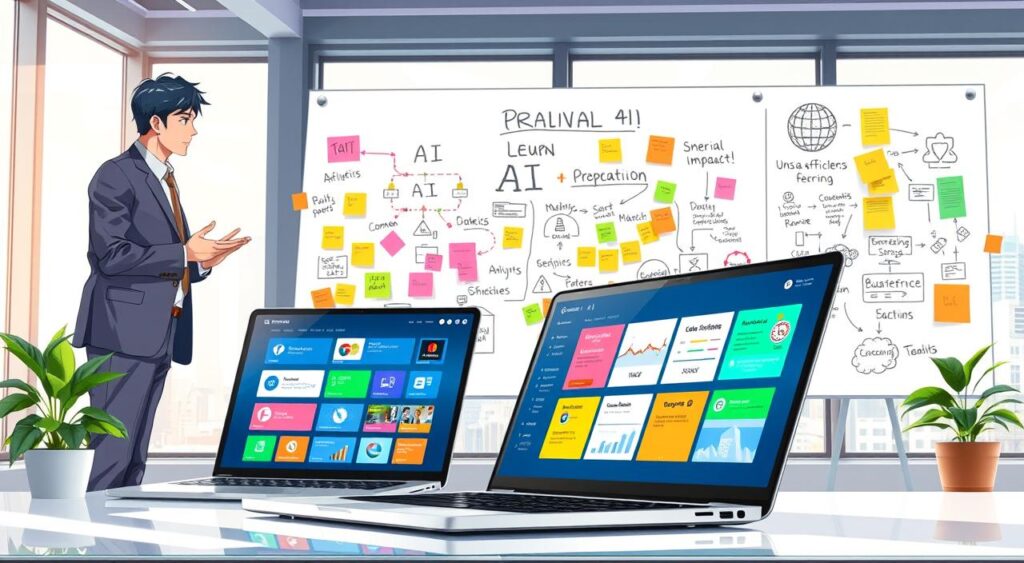 A modern workspace filled with various free artificial intelligence tools. In the foreground, a sleek, futuristic laptop displays a vibrant dashboard of AI applications, surrounded by virtual icons representing analytics, automation, and machine learning. To the left, a person in professional business attire, engaged in thoughtful discussion, gestures towards the screen, embodying collaboration and innovation. The middle ground features a large whiteboard filled with brainstorming ideas about AI's impact on the Brazilian job market, accompanied by colorful sticky notes and diagrams. The background reveals a bright office window with a view of a bustling cityscape, symbolizing progress and opportunity. Soft, natural lighting filters through, creating an optimistic atmosphere, as the scene conveys both the challenges and potential of AI in Brazil's future economy.