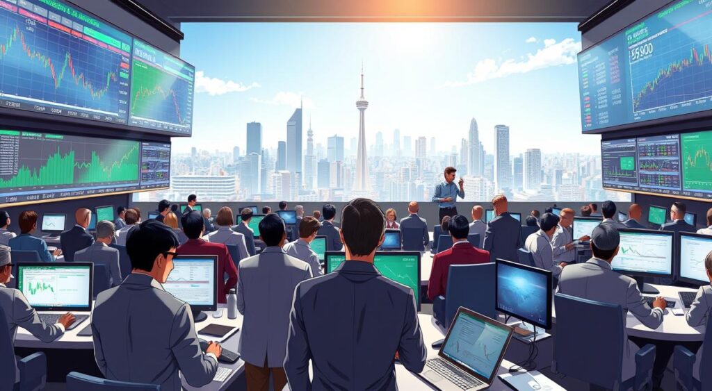 A panoramic view of the Brazilian financial market, showcasing a bustling trading floor filled with active traders in professional business attire, analyzing stock charts and financial data on large screens. In the foreground, a group of confident investors engages in discussions, with laptops and digital tablets displaying stock-related visuals. The middle ground features a dynamic stock exchange atmosphere, with high-tech displays illuminating the environment. In the background, the modern skyline of São Paulo glimmers under a clear blue sky, symbolizing economic growth. The lighting is bright and vibrant, capturing an optimistic mood, as the scene encapsulates the essence of investment and dividend strategies in Brazil. A panoramic view of the Brazilian financial market, showcasing a bustling trading floor filled with active traders in professional business attire, analyzing stock charts and financial data on large screens. In the foreground, a group of confident investors engages in discussions, with laptops and digital tablets displaying stock-related visuals. The middle ground features a dynamic stock exchange atmosphere, with high-tech displays illuminating the environment. In the background, the modern skyline of São Paulo glimmers under a clear blue sky, symbolizing economic growth. The lighting is bright and vibrant, capturing an optimistic mood, as the scene encapsulates the essence of investment and dividend strategies in Brazil.