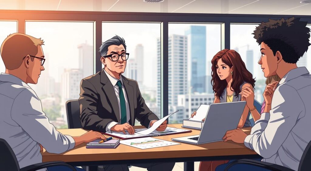 A professional financial advisor seated at a modern office desk, surrounded by charts, financial reports, and a laptop displaying trading graphs. The advisor, a middle-aged person in formal business attire, is attentively explaining investment strategies to a diverse group of clients, who are engaged and taking notes. The foreground captures the advisor’s confident demeanor, while the clients reflect curiosity and interest. In the background, large windows reveal a bustling city skyline, symbolizing a dynamic financial market. Soft, natural lighting filters through the windows, creating a warm and inviting atmosphere. The scene embodies a sense of professionalism and financial empowerment, set in a contemporary office environment that promotes the relevance of financial education in Brazil. A professional financial advisor seated at a modern office desk, surrounded by charts, financial reports, and a laptop displaying trading graphs. The advisor, a middle-aged person in formal business attire, is attentively explaining investment strategies to a diverse group of clients, who are engaged and taking notes. The foreground captures the advisor’s confident demeanor, while the clients reflect curiosity and interest. In the background, large windows reveal a bustling city skyline, symbolizing a dynamic financial market. Soft, natural lighting filters through the windows, creating a warm and inviting atmosphere. The scene embodies a sense of professionalism and financial empowerment, set in a contemporary office environment that promotes the relevance of financial education in Brazil.