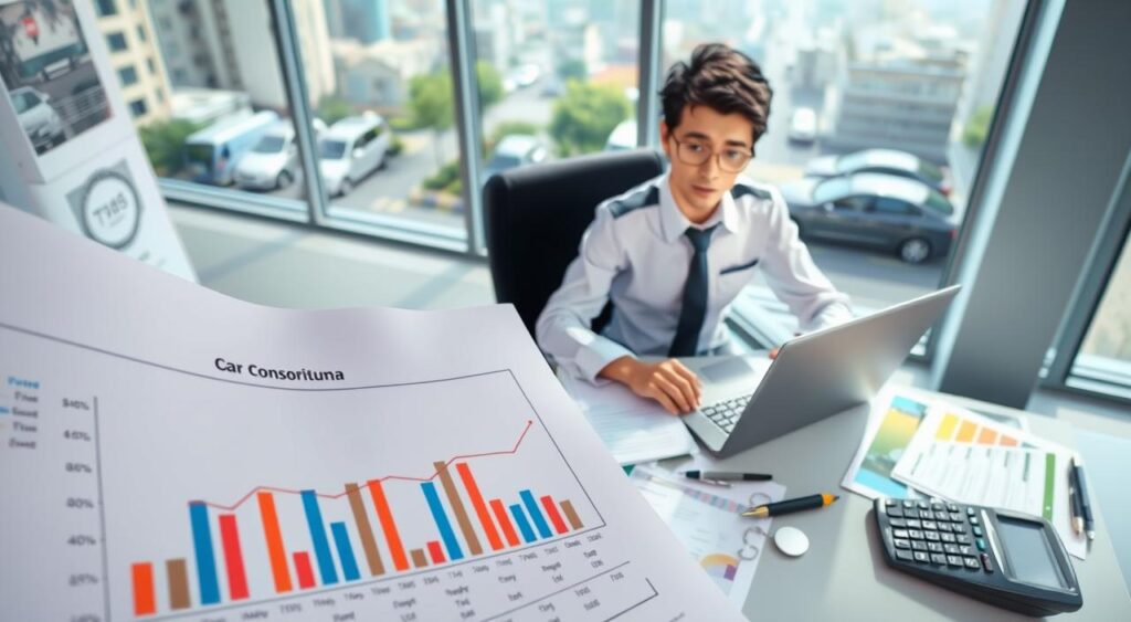 A professional financial planner is seated at a sleek desk filled with documents and a laptop, symbolizing financial planning for a car consortium. In the foreground, a close-up of a detailed financial chart showcasing savings and payments related to car consortia is visible. The middle ground features a well-organized workspace with financial brochures and a calculator, highlighting the intricacies of managing a car consortium. In the background, a large window reveals an urban landscape with cars, indicating the practical aspect of the consórcio in daily life. The lighting is bright and inviting, and the angle is a slight overhead view, creating a productive and focused atmosphere. The overall mood conveys clarity, professionalism, and strategic financial planning.