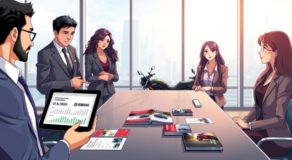 A professional-looking office environment featuring a diverse group of four individuals in business attire, engaged in a meeting about a motorcycle consortium. In the foreground, one person points to a digital tablet showing statistics on motorcycle financing options. The middle ground depicts a sleek conference table with brochures and documents about Honda and Yamaha motorcycles. The background holds a large window with a view of a city skyline, with soft, natural lighting illuminating the room. The atmosphere is focused and dynamic, conveying collaboration and strategic planning within the motorcycle consortium context in Brazil. The composition should be well-balanced, showcasing the interaction between the team members and the materials on the table. A professional-looking office environment featuring a diverse group of four individuals in business attire, engaged in a meeting about a motorcycle consortium. In the foreground, one person points to a digital tablet showing statistics on motorcycle financing options. The middle ground depicts a sleek conference table with brochures and documents about Honda and Yamaha motorcycles. The background holds a large window with a view of a city skyline, with soft, natural lighting illuminating the room. The atmosphere is focused and dynamic, conveying collaboration and strategic planning within the motorcycle consortium context in Brazil. The composition should be well-balanced, showcasing the interaction between the team members and the materials on the table.