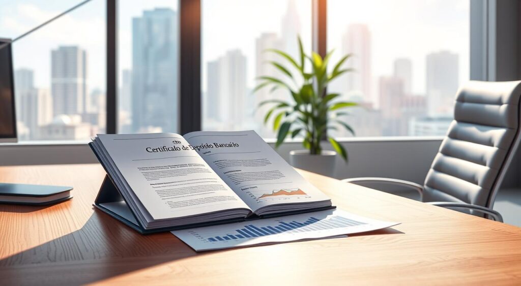 A professional office setting showcasing a sleek wooden desk with an open folder displaying a financial document titled "Certificado de Depósito Bancário" (CDB) in elegant fonts. On the desk, there are neatly stacked graphs illustrating investment growth and interest rates. In the background, a large window reveals a city skyline bathed in natural daylight, casting soft shadows across the scene. A potted plant adds a touch of greenery, while a modern, stylish chair is positioned next to the desk. The overall atmosphere is informative and inviting, suggesting clarity and professionalism, ideal for discussing financial topics. The lighting is bright yet soft, enhancing the focus on the documents without harsh contrasts. The angle of view is slightly elevated, emphasizing the desk and its contents.