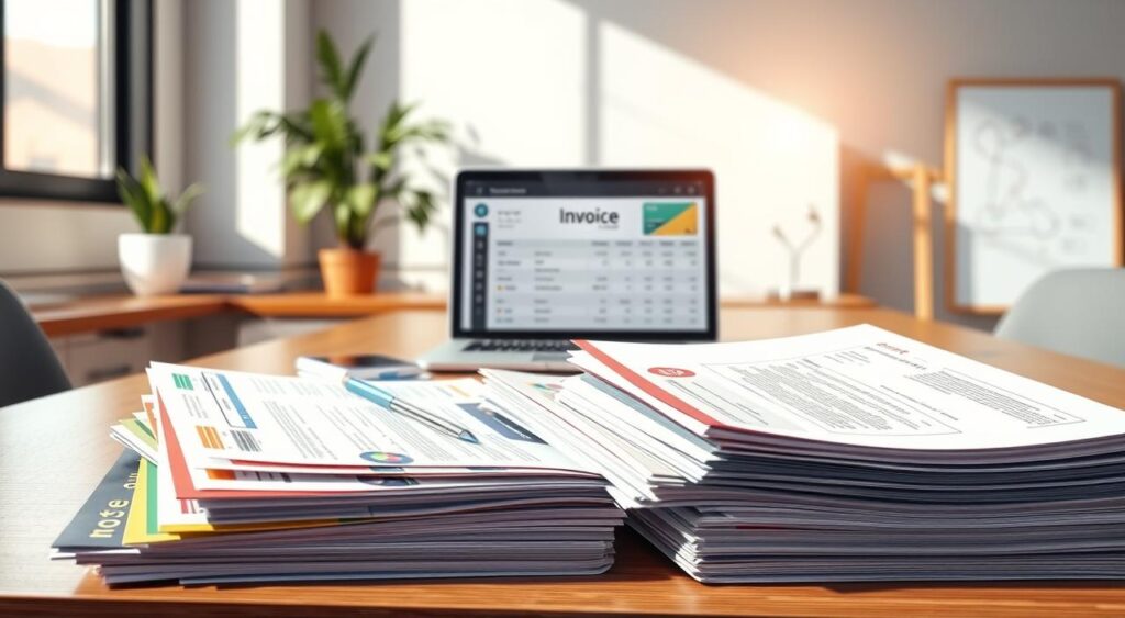 A realistic office scene showcasing various 'notas fiscais' (invoices) neatly stacked on a modern desk. In the foreground, a collection of colorful invoices featuring different designs and formats, some partially opened to reveal details. In the middle ground, a sleek laptop is open, showing a dashboard interface related to invoicing, with soft reflections on the screen. The background features a well-organized workspace, including a plant and a whiteboard with diagrams. The lighting is bright and natural, streaming in through a window, creating a productive atmosphere. The composition is captured from a slight angle, emphasizing the invoices and the workspace. The overall mood conveys professionalism and efficiency, perfect for illustrating business processes.