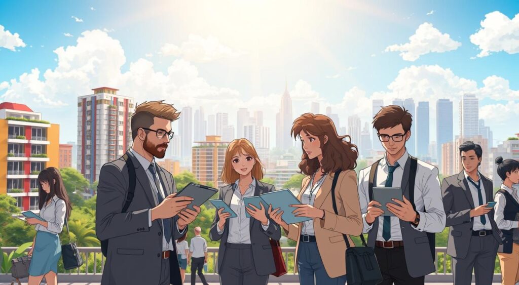 A vibrant Brazilian real estate market scene set in 2026, showcasing a bustling urban landscape. In the foreground, professional individuals in business attire are engaged in discussions, analyzing property listings on digital tablets. The middle ground features modern apartment buildings with greenery and colorful facades, representing diverse architectural styles. In the background, a skyline of iconic Brazilian structures is visible under a bright blue sky, with soft sunlight illuminating the scene, creating a warm and inviting atmosphere. Use a wide-angle lens to capture the expanse of the market activity. The mood exudes optimism and growth, reflecting the current trends in real estate investment.