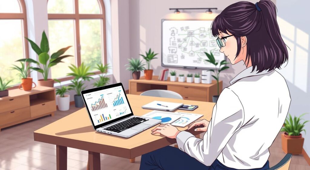 A vibrant and engaging digital illustration of intelligent systems for small businesses, showcasing a cozy, modern office environment. In the foreground, a professional businesswoman, dressed in smart casual attire, is focused on a laptop with data graphs and financial software on the screen. The middle ground features a sleek wooden desk with a digital tablet, charts, and financial documents, suggesting organization and efficiency. In the background, large windows allow natural light to flood the space, highlighting potted plants and a whiteboard filled with creative ideas. The atmosphere is dynamic and motivational, emphasizing the empowerment of small business owners through technology. Captured from a slightly elevated angle to provide depth, this image exudes professionalism and innovation.