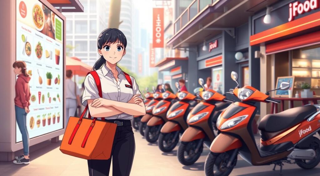 A vibrant, bustling delivery platform setting reminiscent of iFood, featuring a stylish digital interface displaying food items and promotions. In the foreground, a delivery person in a professional uniform stands confidently with a delivery bag, smiling and ready to assist customers. In the middle ground, multiple delivery scooters parked neatly showcase the vibrant iFood branding, hinting at a busy, efficient service. The background includes a modern cityscape with restaurants and cafes, adding depth and context to the scene. Soft, natural lighting highlights the activity, creating a warm and inviting atmosphere. The angle is slightly elevated, capturing the energy of the delivery environment as people interact seamlessly with the platform.