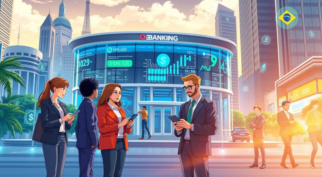 A vibrant cityscape of Brazil's modern banking atmosphere, showcasing the integration of digital technology in financial services. In the foreground, a diverse group of professionals in smart business attire discuss digital banking on sleek tablets and smartphones, emphasizing collaboration and innovation. The middle ground features a futuristic bank building, with large glass windows displaying digital interfaces and holographic displays of financial information. In the background, iconic Brazilian landmarks subtly blend with digital elements, such as virtual currency symbols and flowing data streams, to convey a sense of technological advancement. The scene is brightly lit with a warm, welcoming tone, captured from a slightly elevated angle to provide a dynamic perspective that highlights the bustling activity and digital transformation in Brazil's banking sector.