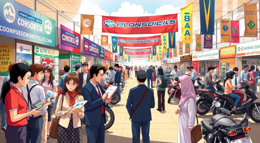 A vibrant marketplace scene illustrating a "mercado de consórcios" focused on motorcycle consortia. In the foreground, a diverse group of people dressed in professional business attire or modest casual clothing, engaging in discussions over motorcycle brochures and consórcio contracts. In the middle ground, stalls adorned with colorful banners showcasing different motorcycle brands and consórcio options, adding an energetic vibe. The background features a lively atmosphere with people browsing motorcycles parked along the stalls and banners flapping in the breeze. Soft, natural lighting enhances the warm, inviting mood, while a wide-angle perspective captures the bustling activity. The overall tone suggests a sense of community and opportunity within the motorcycle consórcio market in Brazil. A vibrant marketplace scene illustrating a "mercado de consórcios" focused on motorcycle consortia. In the foreground, a diverse group of people dressed in professional business attire or modest casual clothing, engaging in discussions over motorcycle brochures and consórcio contracts. In the middle ground, stalls adorned with colorful banners showcasing different motorcycle brands and consórcio options, adding an energetic vibe. The background features a lively atmosphere with people browsing motorcycles parked along the stalls and banners flapping in the breeze. Soft, natural lighting enhances the warm, inviting mood, while a wide-angle perspective captures the bustling activity. The overall tone suggests a sense of community and opportunity within the motorcycle consórcio market in Brazil.