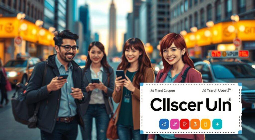 A vibrant scene depicting an Uber discount coupon prominently in the foreground, designed with a striking modern aesthetic, showcasing the recognizable Uber logo and colorful icons representing transportation. In the middle ground, a cheerful group of diverse individuals, dressed in smart casual attire, are engaging in conversation while holding mobile devices, emphasizing the communal aspect of sharing discounts. The background features an urban setting with blurred silhouettes of iconic city landmarks and vehicles, illuminated by soft evening light to create an inviting atmosphere. The scene conveys a sense of excitement and opportunity, ideal for users looking to save money through discount coupons.