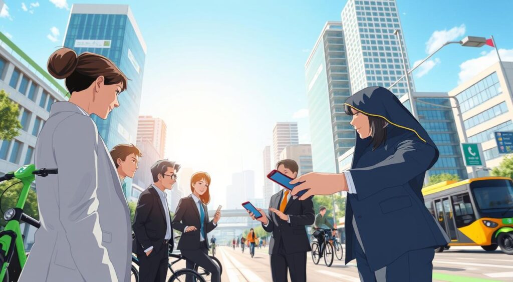 A vibrant urban scene showcasing innovative mobility solutions like electric scooters, bicycles, and rideshare vehicles. In the foreground, a diverse group of professionals in business attire is engaging with a user-friendly mobile app on their smartphones, highlighting its ease of use. The middle ground features smart city infrastructure, such as dedicated bike lanes and public transport options, seamlessly integrating into the city landscape. The background is a modern city skyline under a bright, sunny day, illuminating the bustling atmosphere of urban life. The scene is captured from a low angle, focusing on the interactive elements of the app while emphasizing the energetic vibe of the city, conveying a forward-thinking approach to urban mobility.
