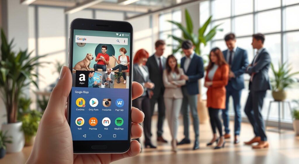 A visually engaging illustration of the "Google Play Discount Functionality," focusing on a smartphone displaying the Google Play Store interface prominently in the foreground. The screen glows with vivid colors, highlighting discounted app icons. In the middle ground, a diverse group of people, dressed in professional business attire, engage in discussion and examination of the phone, showcasing excitement and curiosity. The background features a modern, minimalistic office setting filled with plants and soft lighting, creating a warm atmosphere. Use a shallow depth of field to keep attention on the smartphone and the group, while gentle natural light filters in through large windows, enhancing the inviting mood of the scene. A visually engaging illustration of the "Google Play Discount Functionality," focusing on a smartphone displaying the Google Play Store interface prominently in the foreground. The screen glows with vivid colors, highlighting discounted app icons. In the middle ground, a diverse group of people, dressed in professional business attire, engage in discussion and examination of the phone, showcasing excitement and curiosity. The background features a modern, minimalistic office setting filled with plants and soft lighting, creating a warm atmosphere. Use a shallow depth of field to keep attention on the smartphone and the group, while gentle natural light filters in through large windows, enhancing the inviting mood of the scene.
