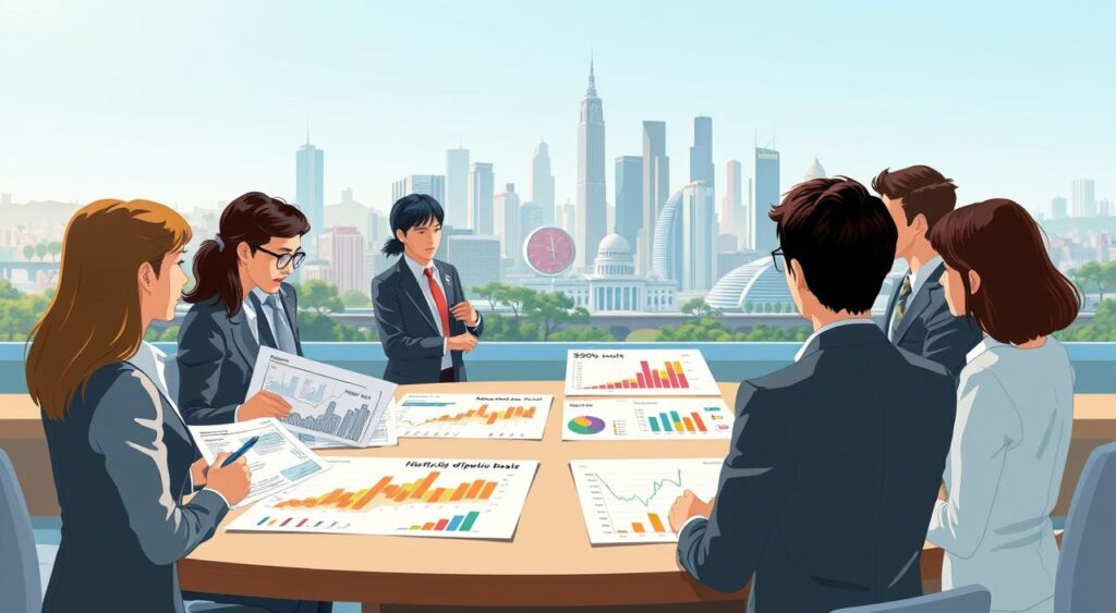 A visually engaging image representing the concept of "Tesouro Direto" and public bonds in Brazil. In the foreground, depict a diverse group of individuals in professional business attire, discussing financial documents and graphs that illustrate historical trends of public investment. In the middle ground, include a detailed table set with colorful charts and infographics showcasing bond performance over different years. The background features a stylized city skyline incorporating iconic Brazilian architecture, under a clear blue sky. Soft, natural lighting illuminates the scene, enhancing the professional atmosphere and conveying a sense of optimism and security in investment. The overall mood is informative, encouraging, and forward-looking, ideal for understanding the relevance of public bonds in personal finance. A visually engaging image representing the concept of "Tesouro Direto" and public bonds in Brazil. In the foreground, depict a diverse group of individuals in professional business attire, discussing financial documents and graphs that illustrate historical trends of public investment. In the middle ground, include a detailed table set with colorful charts and infographics showcasing bond performance over different years. The background features a stylized city skyline incorporating iconic Brazilian architecture, under a clear blue sky. Soft, natural lighting illuminates the scene, enhancing the professional atmosphere and conveying a sense of optimism and security in investment. The overall mood is informative, encouraging, and forward-looking, ideal for understanding the relevance of public bonds in personal finance.