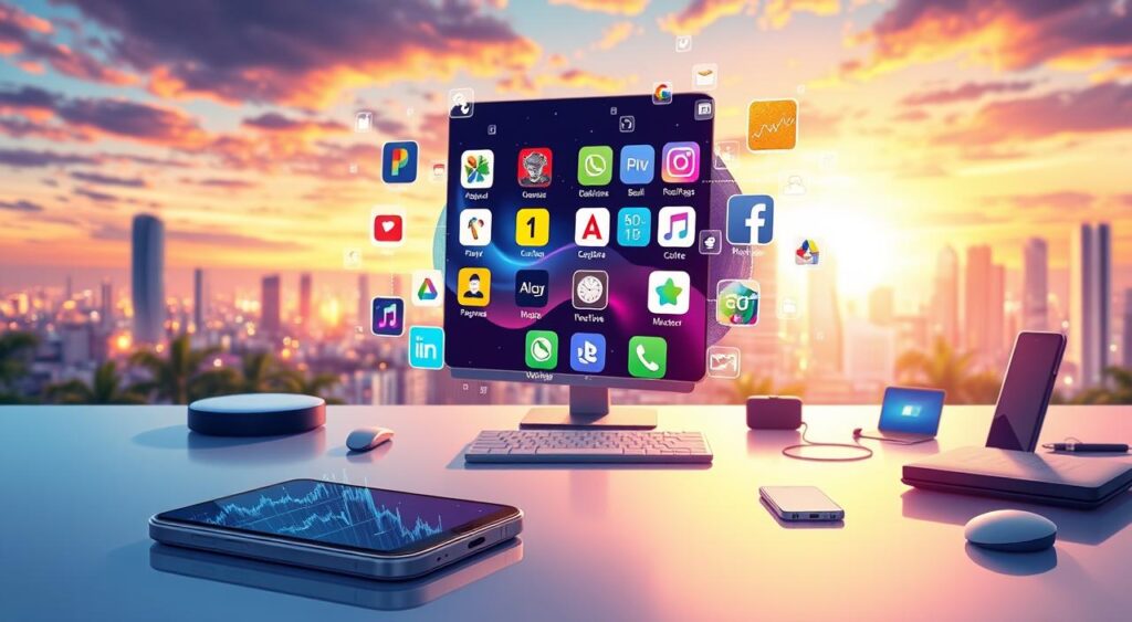 A visually striking illustration depicting a modern digital landscape showcasing the "Top 10 Most Downloaded Apps in Brazil for 2026." In the foreground, feature a sleek, futuristic smartphone displaying colorful app icons, each symbolizing popular applications, surrounding the phone are holographic elements representing analytics and user trends. In the middle ground, create a minimalistic desk environment with tech gadgets scattered around, representing innovation. The background should feature a dynamic skyline of a Brazilian city at dusk, with soft lighting and vibrant colors casting a warm glow, signifying growth and technological advancement. The atmosphere should evoke excitement and curiosity, capturing the essence of app popularity in a cohesive digital ecosystem.