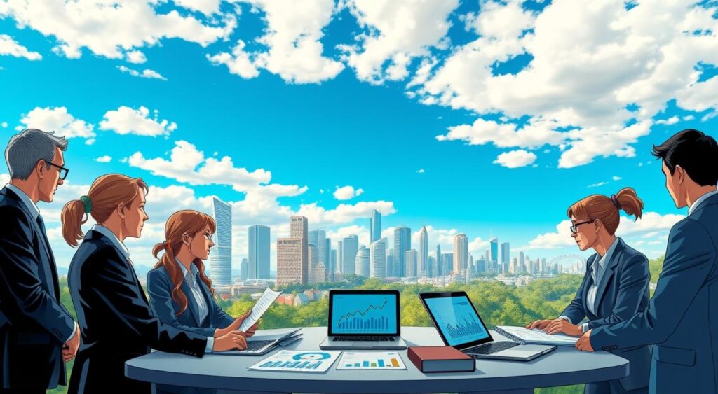 A wide panorama depicting the landscape of personal finance and consortium in Brazil. In the foreground, a diverse group of professionals, dressed in smart business attire, are engaged in a discussion around a table filled with financial documents, charts, and a laptop displaying graphs. The middle ground features a modern city skyline symbolizing economic growth, with tall buildings and greenery, reflecting progress and investment. In the background, a vibrant blue sky contrasts with scattered clouds, portraying a bright future. The lighting is warm and inviting, with soft shadows enhancing the professional atmosphere. The angle is slightly elevated, offering a comprehensive view that encapsulates the essence of personal finance and consortiums in Brazil. A wide panorama depicting the landscape of personal finance and consortium in Brazil. In the foreground, a diverse group of professionals, dressed in smart business attire, are engaged in a discussion around a table filled with financial documents, charts, and a laptop displaying graphs. The middle ground features a modern city skyline symbolizing economic growth, with tall buildings and greenery, reflecting progress and investment. In the background, a vibrant blue sky contrasts with scattered clouds, portraying a bright future. The lighting is warm and inviting, with soft shadows enhancing the professional atmosphere. The angle is slightly elevated, offering a comprehensive view that encapsulates the essence of personal finance and consortiums in Brazil.