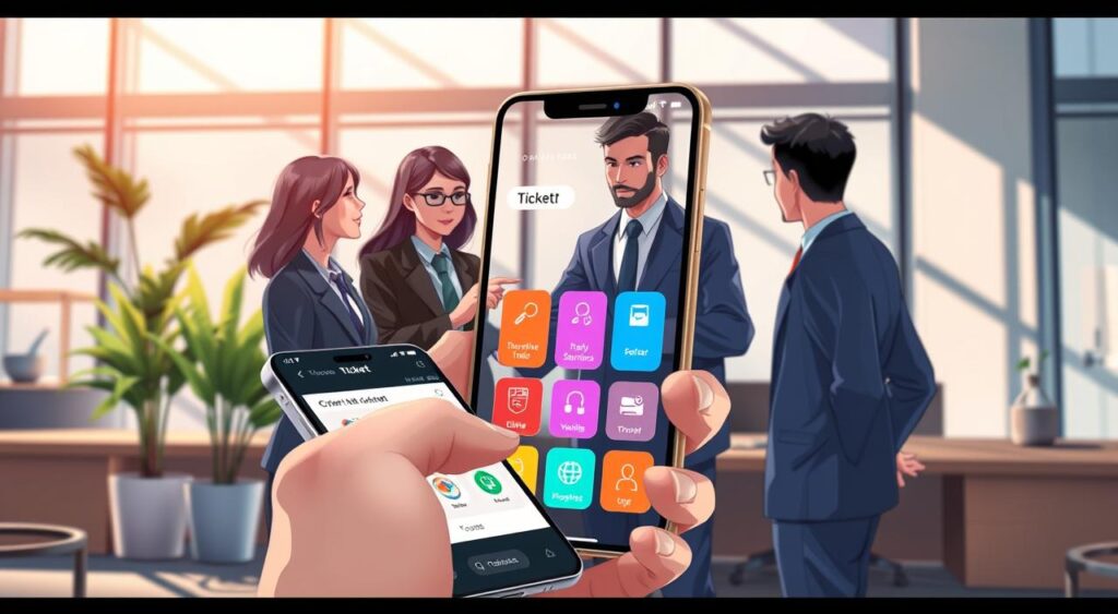 An overview illustration showcasing the "Ticket Management App." In the foreground, a modern smartphone displaying the app interface, emphasizing features like ticket creation and management tools with vibrant, user-friendly icons. In the middle layer, a diverse group of professionals in smart business attire is engaged in a discussion, with one person pointing at the smartphone, fostering a collaborative atmosphere. The background features a sleek office environment with large windows letting in natural light, plants gently swaying, and soft shadows creating a warm mood. The angle is slightly elevated to capture both the dynamic interaction and app detail, encouraging a sense of innovation and teamwork in the digital age.