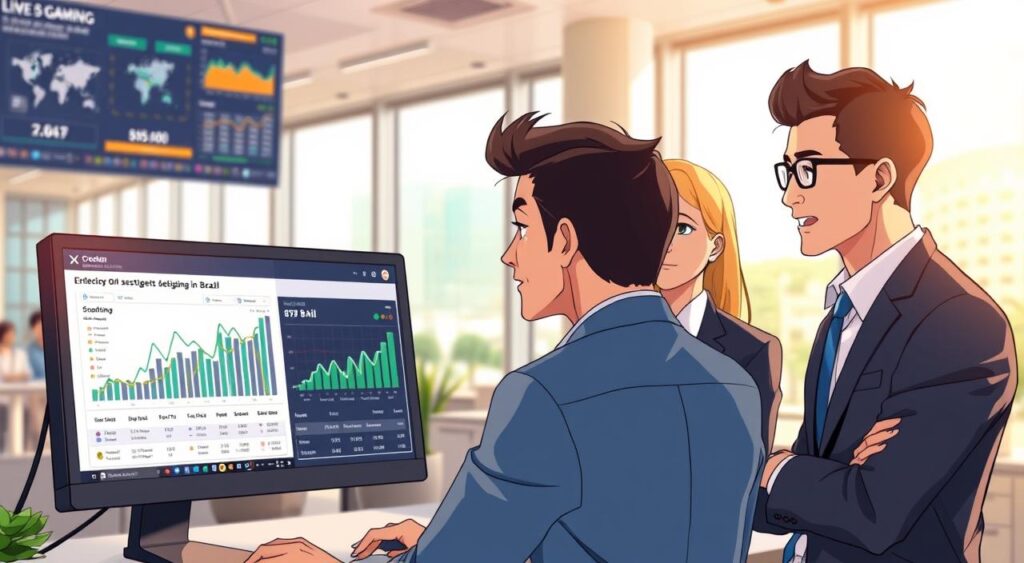 A professional and credible online betting platform scene, featuring a sleek computer setup displaying graphs and statistics related to legal gaming in Brazil. In the foreground, a diverse group of three individuals—two men and one woman—wearing formal business attire, are engaged in a focused discussion around the computer, conveying trust and collaboration. In the middle ground, a modern office environment with large windows allowing natural light to flood in, creating a warm and inviting atmosphere. The background features digital displays showing data trends and a world map, emphasizing the global perspective of online gaming. Soft lighting highlights the engaging expressions of the people, enhancing the overall mood of professionalism and credibility in the gambling sector.