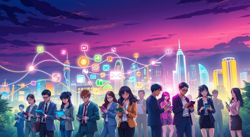 A vibrant digital landscape showcasing the concept of online gaming platforms, designed for a beginner's guide. In the foreground, a diverse group of individuals in professional business attire, engaged with various digital devices, like tablets and laptops. The middle ground features colorful icons representing different game genres, such as puzzles, RPGs, and simulations, interconnected by flowing lines of light that symbolize internet connectivity. The background showcases a stylized city skyline, illuminated by soft neon lights, under a twilight sky. The atmosphere is energetic yet inviting, emphasizing innovation and collaboration in the digital gaming world. Use soft, diffused lighting to create a modern and welcoming ambiance, captured from a slight downward angle to enhance the perspective. A vibrant digital landscape showcasing the concept of online gaming platforms, designed for a beginner's guide. In the foreground, a diverse group of individuals in professional business attire, engaged with various digital devices, like tablets and laptops. The middle ground features colorful icons representing different game genres, such as puzzles, RPGs, and simulations, interconnected by flowing lines of light that symbolize internet connectivity. The background showcases a stylized city skyline, illuminated by soft neon lights, under a twilight sky. The atmosphere is energetic yet inviting, emphasizing innovation and collaboration in the digital gaming world. Use soft, diffused lighting to create a modern and welcoming ambiance, captured from a slight downward angle to enhance the perspective.