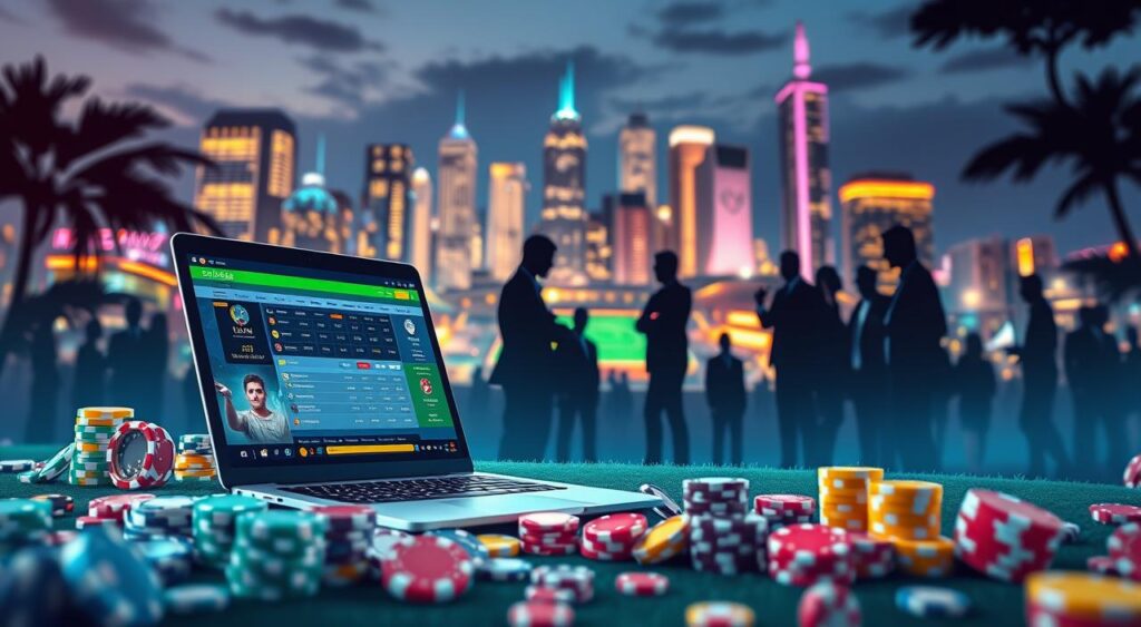 A visually striking representation of the Brazilian online betting market, focusing on a digital landscape filled with symbols of gaming, such as poker chips, dice, and sports icons. In the foreground, include a modern laptop displaying a vibrant betting platform interface, surrounded by piles of colorful chips and a virtual scoreboard. The middle ground features silhouettes of diverse attendees dressed in professional attire, engaged in discussions and examining odds, reflecting a sense of community and caution. The background showcases a high-tech city skyline illuminated by neon lights, symbolizing the rapid growth and dynamic nature of online gambling. Soft, ambient lighting creates an inviting atmosphere, while a slight blur on peripheral elements draws attention to the central action, evoking a mix of excitement and careful consideration.